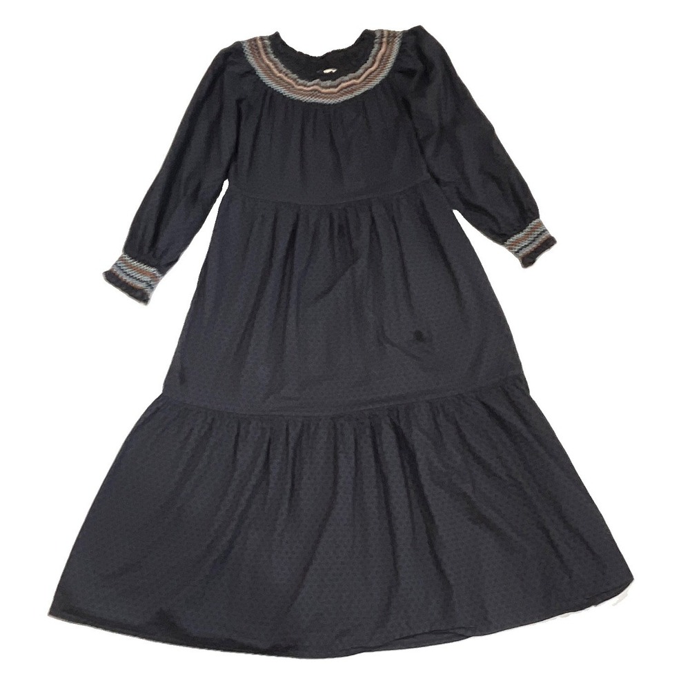 Universal Thread Black Smocked Embroidered Swiss Dot Tiered Midi Dress XS Boho